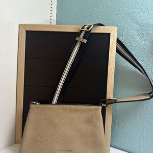 Marc Jacobs Beige Pebbled Leather Crossbody with Black & Cream Stripe Strap
